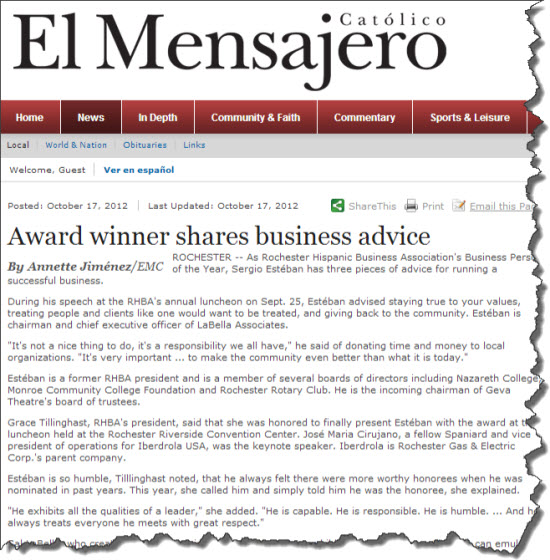 Article from El Mensajero: Award winner shares business advice